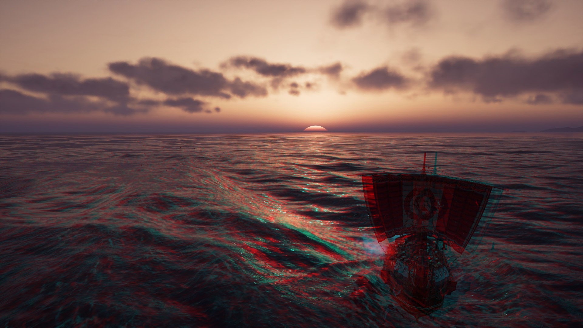 3D image from Assassins Creed Odyssey showing a ship sailing into the sunset.