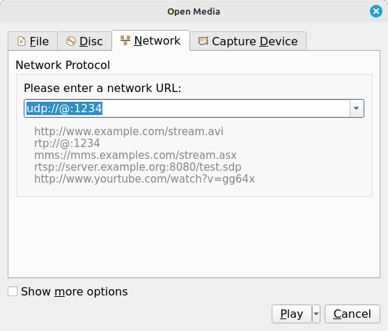 Screenshot showing the settings for a network stream for the program VLC.