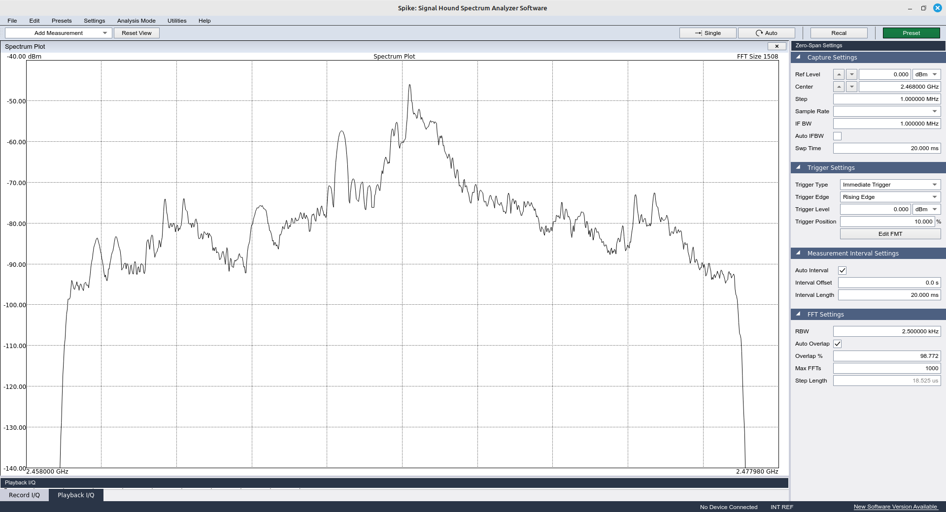 Spectral trace showing a signal that starts low on the left, rises to a peak in the middle, then slopes down towards the right.
As it rises on the left, it seems to bounce up like a bouncing ball that initially bounces higher, then hits a peak, then drops again. This bouncing occurs before the signal peaks at the center of the display. After the peak, the signal waves up and down seemingly random til it reachs the bottom of the display on the right.